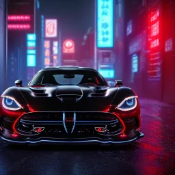 realistic black dodge viper; in an alternate universe in tokyo; cyberpunk; rain; neon signs