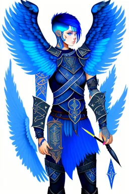 a person in runic armor with blue wings, blue short hair, runic tattoo and spell book