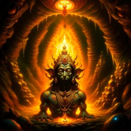 An oil painting of hindu god YAMA in a cave, neon gold colors, high detail eyes,