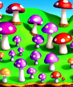 A small and colourful mushroom village, medevil fantasy