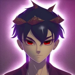 anime discord profile picture of man with short black hair with red streaks, with purple dragon horns on top of his head, looking mischievous