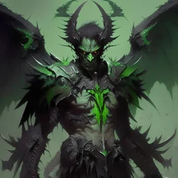 demonio de armadura verde y negro con alas negras, con sangre en sus manos