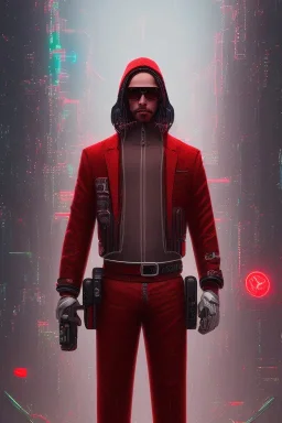 Santa Cruz with cool red clothes standing on rooftop, high detail face, cool cyberpunk city in background,