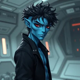 A masculine blue-skinned alien, messy black hair and red eyes, intricately detailed, standing in a futuristic room, handsome, intricately detailed, well built, stocky, wearing a black jacket, confident