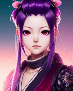 Detailed cute anime Kunoichi girl, purple hair buns, purple bangs, Christmas style colours, intricate details, full body portrait, keep head in frame, slight smile, black Japanese motif, concept art, highly detailed, digital painting, concept art, sharp focus, illustration, art by Yoji Shinkawa, WLOP and greg rutkowski and alphonse mucha and artgerm and yanjun Chen and Junji ito and Makoto Shinkai, HDR, octane render