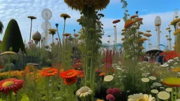 A garden where the plants and flowers are gigantic, reaching heights of several meters. The flower petals are as large as ship sails and the insects that pollinate them are the size of birds.