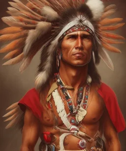 Guaicaipuro, native american, Muscular warrior, three red feathers headband, holding spear