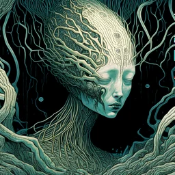 Buried Trauma || horror nouveau, in the styles of H.R. Giger and Victo Ngai and Amanda Sage