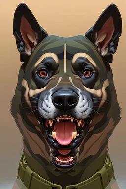 A soldier dog dressed in military combat uniform, digital illustration portrait, dog's face is snarling, aggressive, angry, Craig Miller , futuristic, pulp fiction graphic novel style, hyperrealism, photorealism