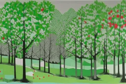 A grayish green geometric forest with apple trees painted by Andy Warhol