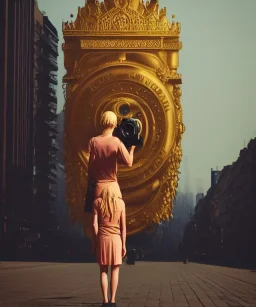 Statue of Queen of photography. Cute blonde woman. Photographer in golden crown. Standing on the street. Big camera in her hand. hyperdetailed, photorealistic, trending on artstation, greg rutkowski, beksinski, kodachrome, lomography, golden hour, bokeh, volumetric light