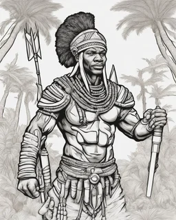 Outline art for coloring pages with Shaka Zulu , white background, sketch style, only use black outline, white background, no shadows and well and clear outline , white background, sketch style, only use black outline, white background, no shadows and well and clear outline