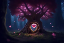 Loveheart-shaped_tree, fairies_living_freely_inside_the_tree's_heart, small _fairy_village_lit_by_fireflies, insanely_detailed, photorealistic, beautiful_light_and_shadows, peaceful, a_magical_fairytale Modifiers: Nikon D850 digital painting elegant dof extremely detailed Award winning photography fantasy studio lighting intricate 8k oil on canvas cinematic lighting photorealistic dynamic lighting award winning fantastic view close up hyperrealistic ultra detailed 4K 3D crisp quality Unreal Engi