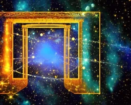 sparkling lights in a blue cosmic background full of bright starts with an transparent etheric ancient temple in the space with as sacred flame and a crystal in the middle of the temple