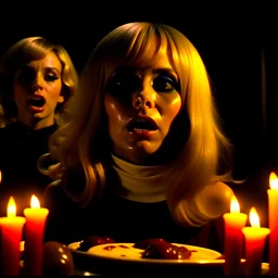 Horror movie shot, spooky, hot, ultra realistic, dine, black, ultra realistic hot blonde women, party, pieces of meat, organs, ail, dynamic, very excited people, hypermaximalist figures, they come, 1970's Italian horror movie, sinister, enorme cazo, Dario Argento, Stanley Kubrik, ornate, 4k, photorealism