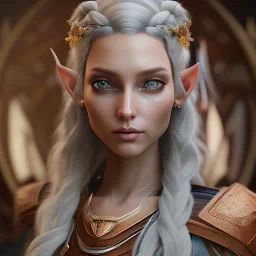 Portrait of a female wood elf diplomat. She has long, curled, white hair shaved on the right side and blue eyes. She has rough copper skin with yakuza tatu, atmospheric, realistic, unreal engine cosmic galactic, cinematic lighting, octane render, random colors, transparent, cosmic ambiance, masterpiece, art by Yoji Shinkawa, composing fit inside, masterpiece