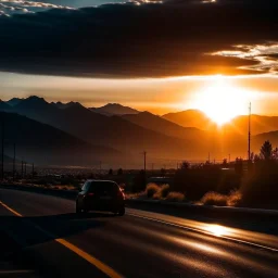 night time, a car driving from a city to the mountains, the sun rising in the distance, photo quality
