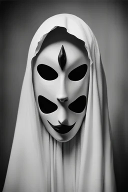 a black and white photograph in the style of man ray, the photograph is of a scary ghost mask