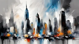 abstract painting: city skyline buildings, gray-black-white-blue colors New York. Willem Haenraets artistic style, datailed -high resolution, Afremov, colorful in Kal Gajoum style