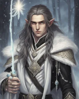 a young High Elf frost Wizard with long wiry hair, wearing a black trimmed white nobleman's robe and frost ornaments on clothes, with a small weasel on his shoulder