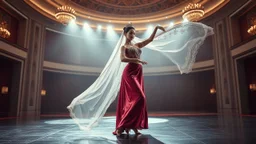 A full-body cinematic photograph of a graceful Azerbaijani woman dance pose. She wears an intricately embroidered velvet bodice and a flowing long silk skirt. On her head is a small ornate traditional crown with a long, translucent white lace veil flowing elegantly behind her. She stands in a poised, elegant dance pose on a sleek modern performance stage with dramatic professional spotlighting. The stage is set inside a massive opulent luxury hall with modern decoration
