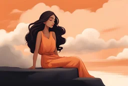 A cartoon style young woman sitting with a long dress and long dark hair. The woman looks elegant and calm, The background is dreamy and warm orange color with clouds , The woman is drawn in a cartoon style, relaxing, calm