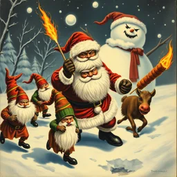 there is no kebabs at christmas, evil Santa, evil gnomes running around, staring flaming eyes, evil Rudolf, very big evil angry Frosty the snowman in background, kebabs and kebab, 1940 christmas postcard