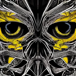 symmetrical flat color black yellow, anthropomorphic highly detailed portrait of scary neon triangle eyes skeleton, intricate, elegant, highly detailed, digital painting, artstation, concept art, smooth, sharp focus, illustration, art by artgerm, bob eggleton, michael whelan, stephen hickman, richard corben, wayne barlowe, trending on artstation and greg rutkowski and alphonse mucha, 8 k