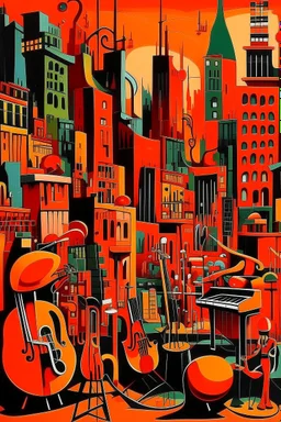 A dark orange colored cyberized city with jazz instruments painted by Stuart Davis