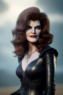 younger Rene Russo as evil queen in leather, cleavage, angry, stern look, unreal 5, octane render,cinema4d, dynamic lighting, dramatic lighting, 4k, redshift render, highly detailed, hyper realistic