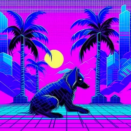 A 2D Vaporwave would depict the robotic dog from Doctor Who in bright neon purples, pinks, and blues, with digital glitch patterns, gradient transitions, and a retro-futuristic background of grid patterns, pixel art palm trees, and Japanese kanji characters, blending K-9’s boxy, angular form with the nostalgic and surreal aesthetics of vaporwave, he is a robot dog, and is blocky, he has satellite ears, and an antennae.