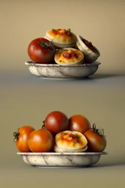 renaissance style still life composite, dish of Raviolis with natural tomato, albahaca, olives, olive oil. moisture, art, natural, ornaments, ceramic, marble, high kitchen, smooth, gradient color background, unreal engine 5, ray tracing, RTX, lumen lighting, ultra detail, volumetric lighting, 3d.