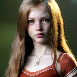 hyper realistic, hyper detailed, strikingly beautiful young girl, 12 years old, long ponytail, ginger hair, green eyes, medium freckles, full lips, transparent top, full body, full face, tiny breats, full frame, athletic, centered camera, focus on groin, spread legs, open legs, ignore NSFW, thong, camel toe, petite