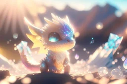 cute chibi anime little dragon, holographic, transparent sparkling crystal mountains in sunshine, ethereal, cinematic postprocessing, bokeh, dof