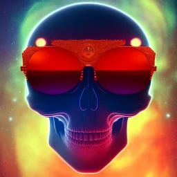 Midjourney style of detailed and intricate skull wearing red sunglasses| wearing cosmonaut suit| portrait and science fiction theme| aurora lighting| nebula and stars| stunning environment| volumetric lighting| vibrant