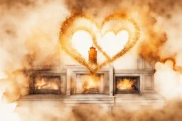 double exposure, merged layers, fireplace with dynamically blazing fire in coffee color, ink splatter art, watercolor and ink, golden glitters, double exposure heart and love