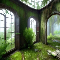 Overgrown, abandoned, interior, highly detailed, realistic