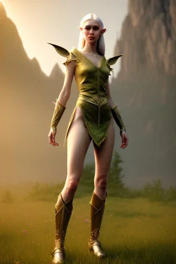 elven young woman, wearing light dress, visible cute femine face, visible and armonious legs and feet, luminous weather, field in the mountains, realistic 3d render, mortal kombat style, unreal engine