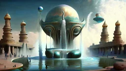 realistic stratosphere giant Mesopotamia fountain expelling many strange lifeforms