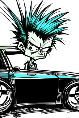 2d drawing of a stickman, cool with punk hair, x eyes like in hangman, sideview of him sitting in a car, arm slightly lifted and resting on door