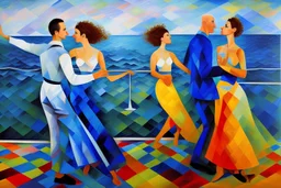 Cubism pablo picasso style , One couple dancing, Bald Man, woman with long curly gray hair, standing on a yacht, ocean in background, dancing, happy, moving, oil painting,