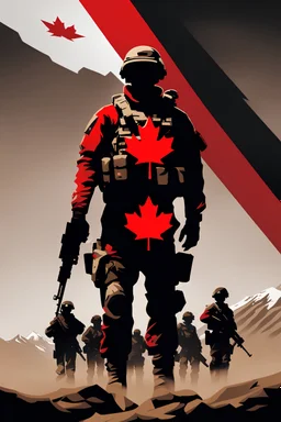 Beautiful poster combining maple leaf, mountain, sand, 5 soldiers, red white black colour scheme, negative space, sleek, epic, videogame, overwatch twitter