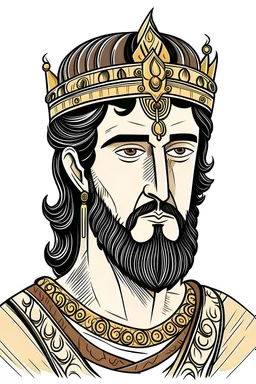 "Draw an Arabian king in manhowa style with a short beard and black shoulder-length hair, handsome, sharp features, wearing a crown. His color is slightly tan, and he has drowsy eyes. And black hair His body is of average height. Draw another Arabian king who is larger in size, with thick eyebrows." Draw in comice style