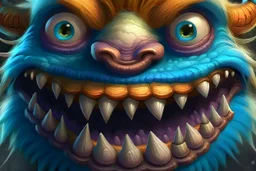 closeup of a smiling monster's face, big teeth, fur, bumps and horns, my pet monster inspiration, urban character design