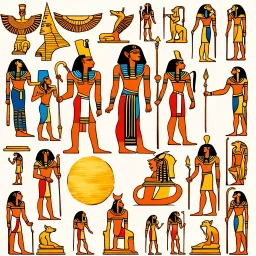 a super-realistic image representing all of the Egyptian gods mentioned below: Hapi, Heqet, Set, Geb, Uatchit, Hathor, Apis, Sekhmet, Nut, Osiris and Ra. The scene should capture the essence and majesty of each of these gods, displaying them in a harmonious composition that highlights both their individual characteristics and their connection to Egyptian mythology. Hapi could be represented with jugs of water, Heqet with a woman's body and a frog's head emanating vital energy, Set with his chara