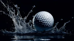 close up of golf ball plunging in water, splashing, underwater, hyperrealistig, big contrast