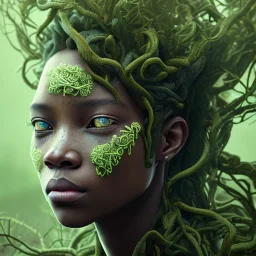 Octane render. Paper. Pencil sketch art .the face of A young black woman. A wood nymph emerging from the forest. Her hair looks like vines. Dreadlocs. Her skin is the colour of dark soil. Her skin looks like tree bark. Her clothing is made of vines, grass and leaves.