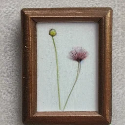 tiny oil painting of single long stem pressed flower, tiny white canvas, tiny white modern frame, melancholy, tender, moody, vintage, delicate arrangement, beautiful composition, etsy, aesthetic layout, plain solid white background