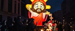 cartoonish jesus parade balloon pulled by multiple grim reapers, multi colored, bright, vivid, psychedelic, high detailed, high gloss, insanely detailed, matte, horrorcore, lining the street, unsettling contrast, monument to death, live action shot grim reaper parade, pulling a jesus parade float