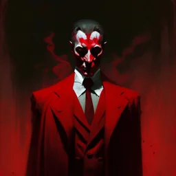 a sinister figure wearing a red suit with a red tie and a priest's frock with no face and dirty slicked back hair